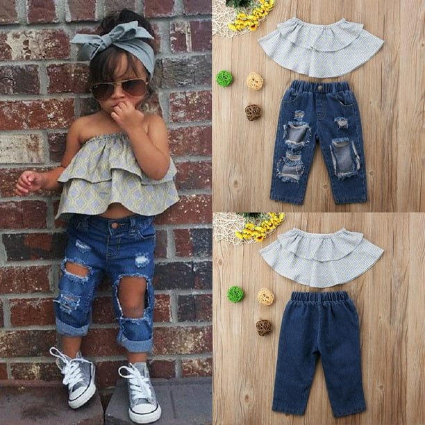Kids Girls Toddler 2019 Summer Fashion Off Shoulder Blouse+Jeans Denim Pants Set 
